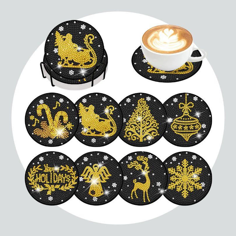 Pintura Terapêutica com Diamantes - Porta Copos (8 unidades) - Natal Dourado