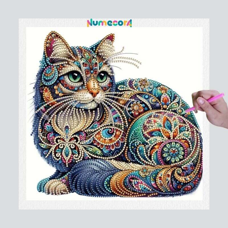 Pintura Terapêutica com Diamantes - Gato - Diamante Especial - Tela 100% Preenchida