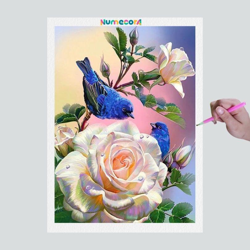 Pintura Terapêutica com Diamantes - Flor e Passarinho - Tela 100% Preenchida