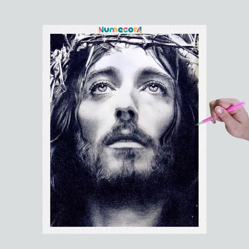 Pintura Terapêutica com Diamantes - Jesus com Coroa de Espinhos - Tela 100% Preenchida