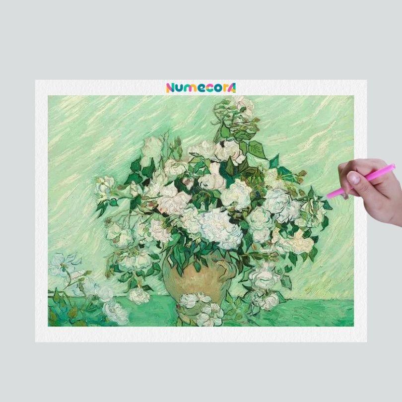 Pintura Terapêutica com Diamantes - Vaso de Rosas - Van Gogh - Tela 100% Preenchida
