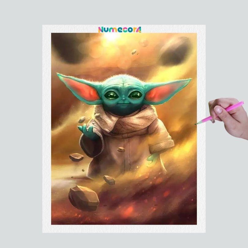 Pintura Terapêutica com Diamantes - Baby Yoda - Star Wars - Tela 100% Preenchida - Diamante Redondo