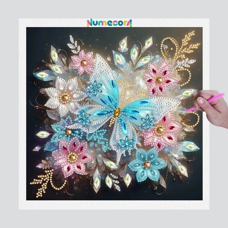 Pintura Terapêutica com Diamantes - Borboleta Azul - Diamante Especial - Tela 100% Preenchida