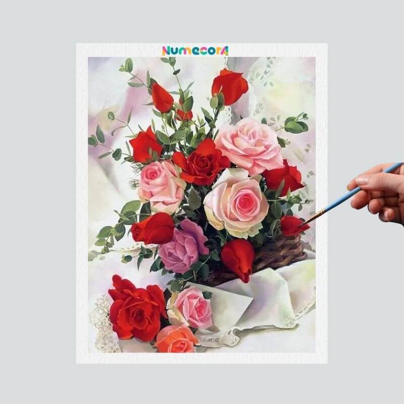 Pintura Terapêutica Numerada - Rosas Vermelhas e Rosadas