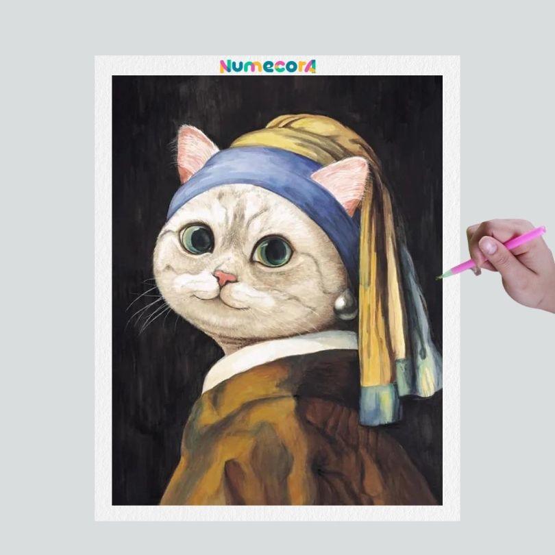 Pintura Terapêutica com Diamantes - Gatinhos Artísticos - Moça com brinco de pérola - Tela 100% Preenchida