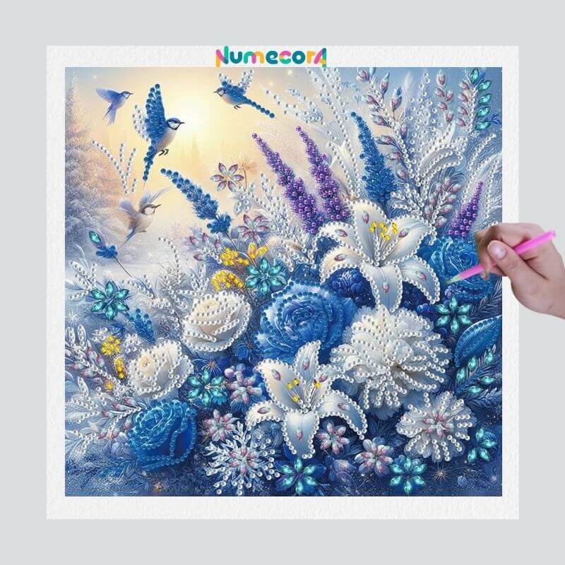 Pintura Terapêutica com Diamantes - Flores Azuis - Diamante Especial - Tela 100% Preenchida