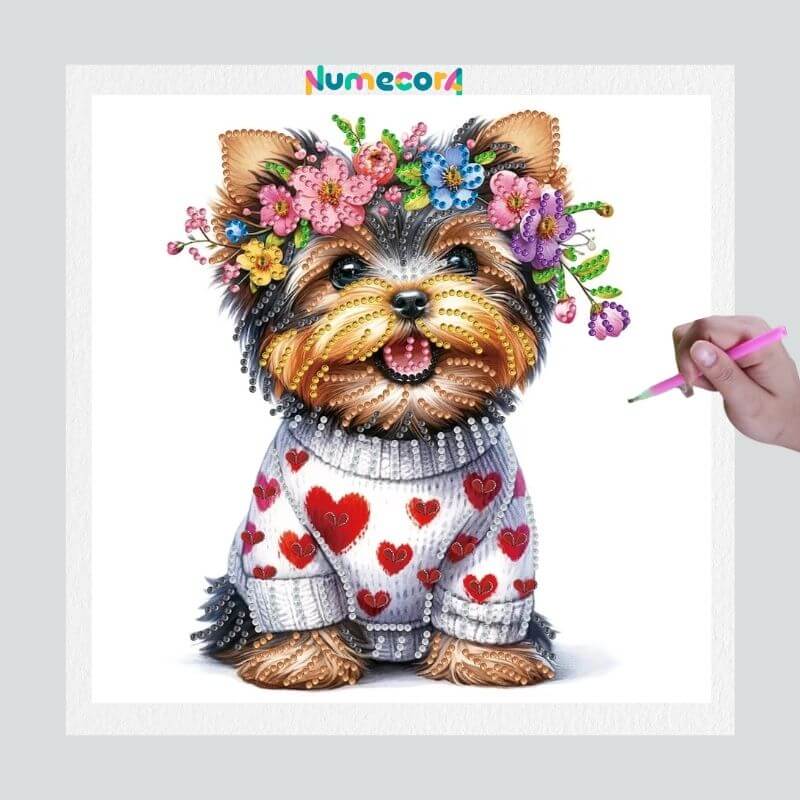 Pintura Terapêutica com Diamantes - Dog York - Diamante Especial - Tela 100% Preenchida
