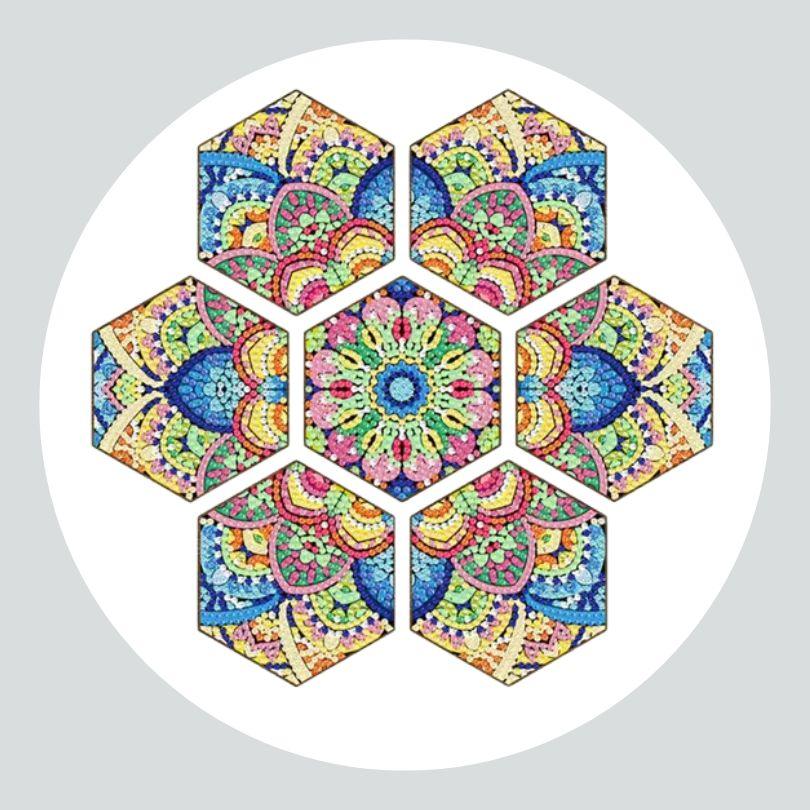 Pintura Terapêutica com Diamantes - Porta Copos Hexagonais (7 Unidades) - Mandala Iluminada