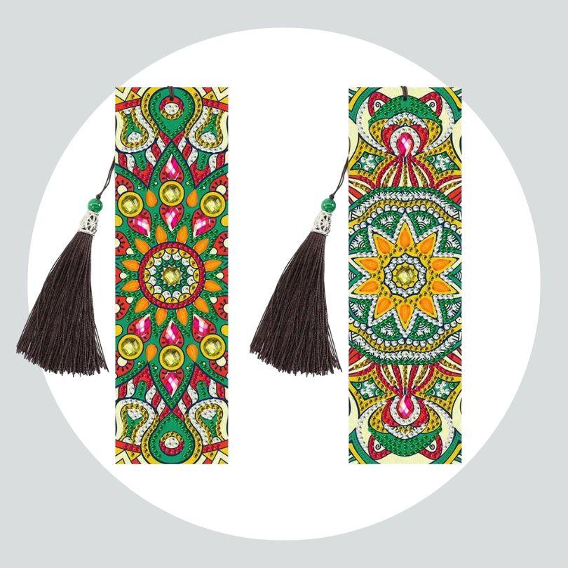 Marcador de Páginas 2Un - Diamante Redondo - Pintura Terapêutica com Diamantes - Mandala Laranja e Verde