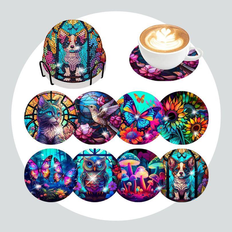Pintura Terapêutica com Diamantes - Porta Copos (8 unidades) - Animais Coloridos
