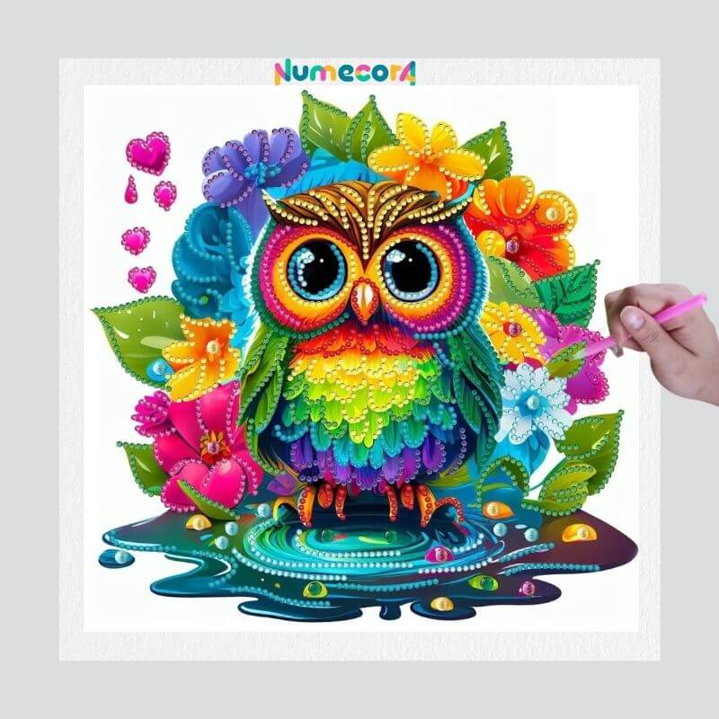 Pintura Terapêutica com Diamantes - Coruja - Diamante Especial - Tela 100% Preenchida
