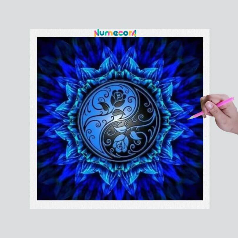 Pintura Terapêutica com Diamantes - Mandala Yin Yang Azul