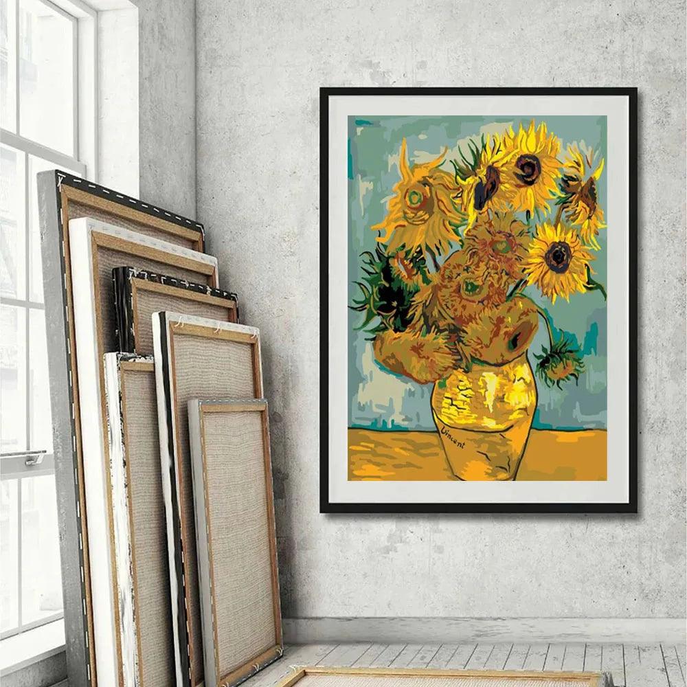 Pintura Terapêutica com Diamantes - Os Girassóis - Van Gogh - Tela 100% Preenchida
