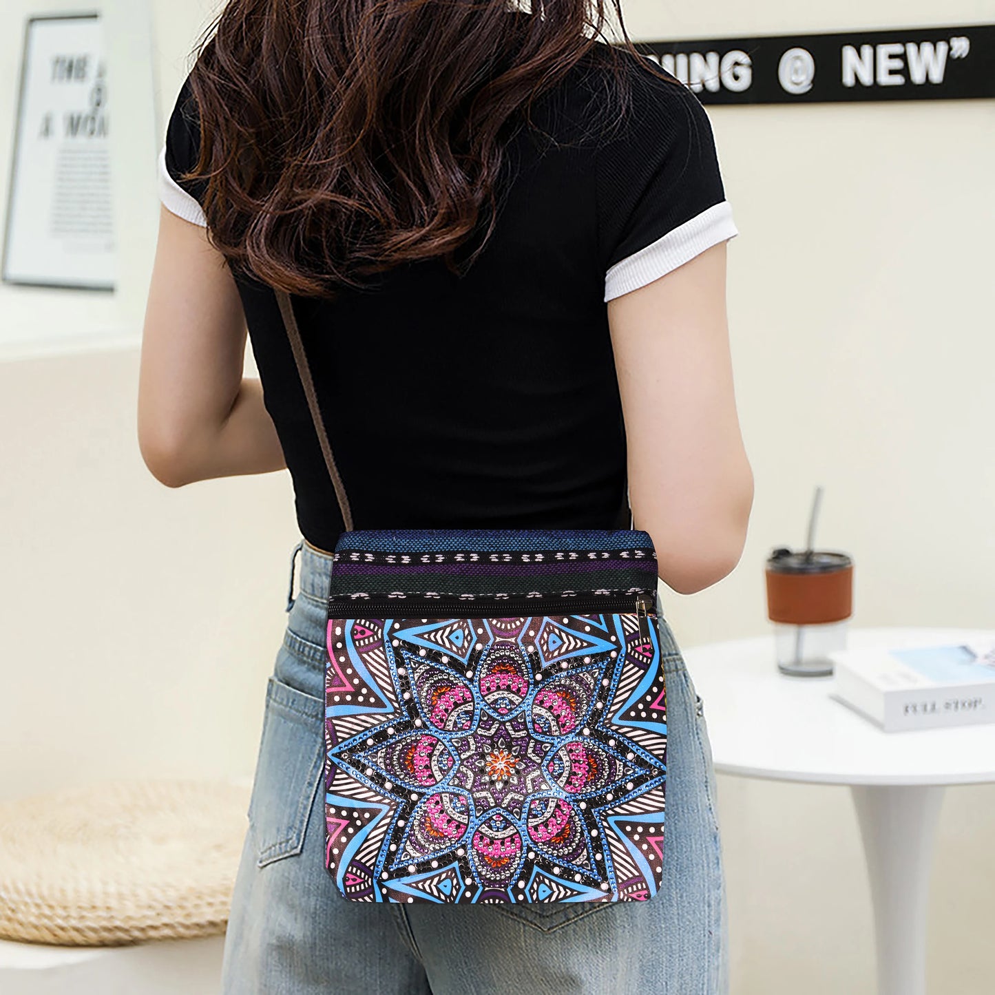 Pintura Terapêutica com Diamantes - Bolsa com Alça - Mandala Roxa - Tela 100% Preenchida