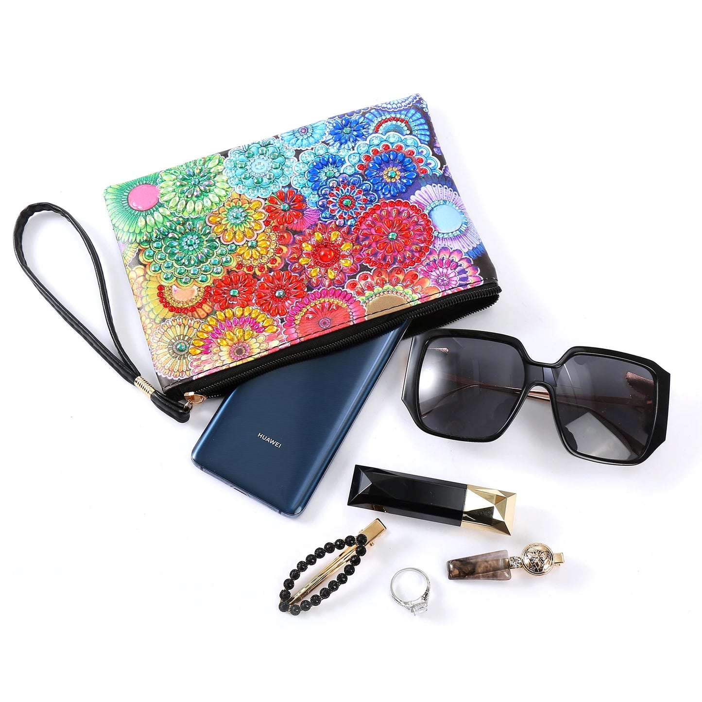Pintura Terapêutica com Diamantes - Bolsa Floral Brilhante - Tela 100% Preenchida
