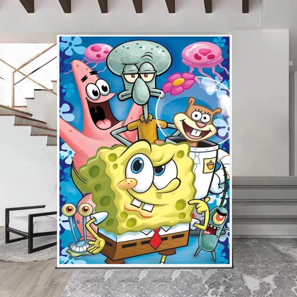 Pintura Terapêutica com Diamantes - Turma do Bob Esponja - Tela 100% Preenchida - Diamante Redondo