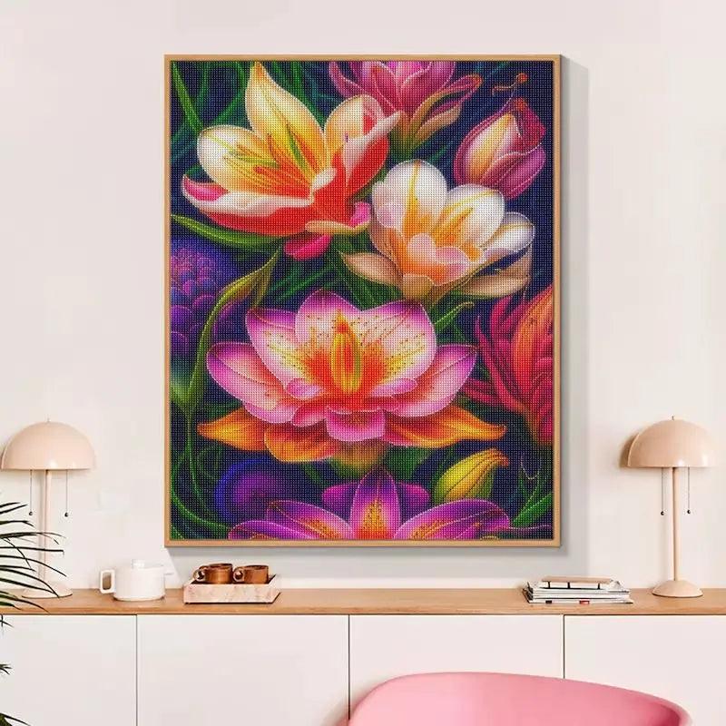 Pintura Terapêutica com Diamantes - Flores Luminosas - Tela 100% Preenchida