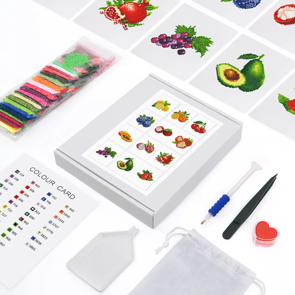 Mini Telas - Conjunto com 12 pcs - Kit Pintura Terapêutica com Diamantes - Pinturinhas Frutas