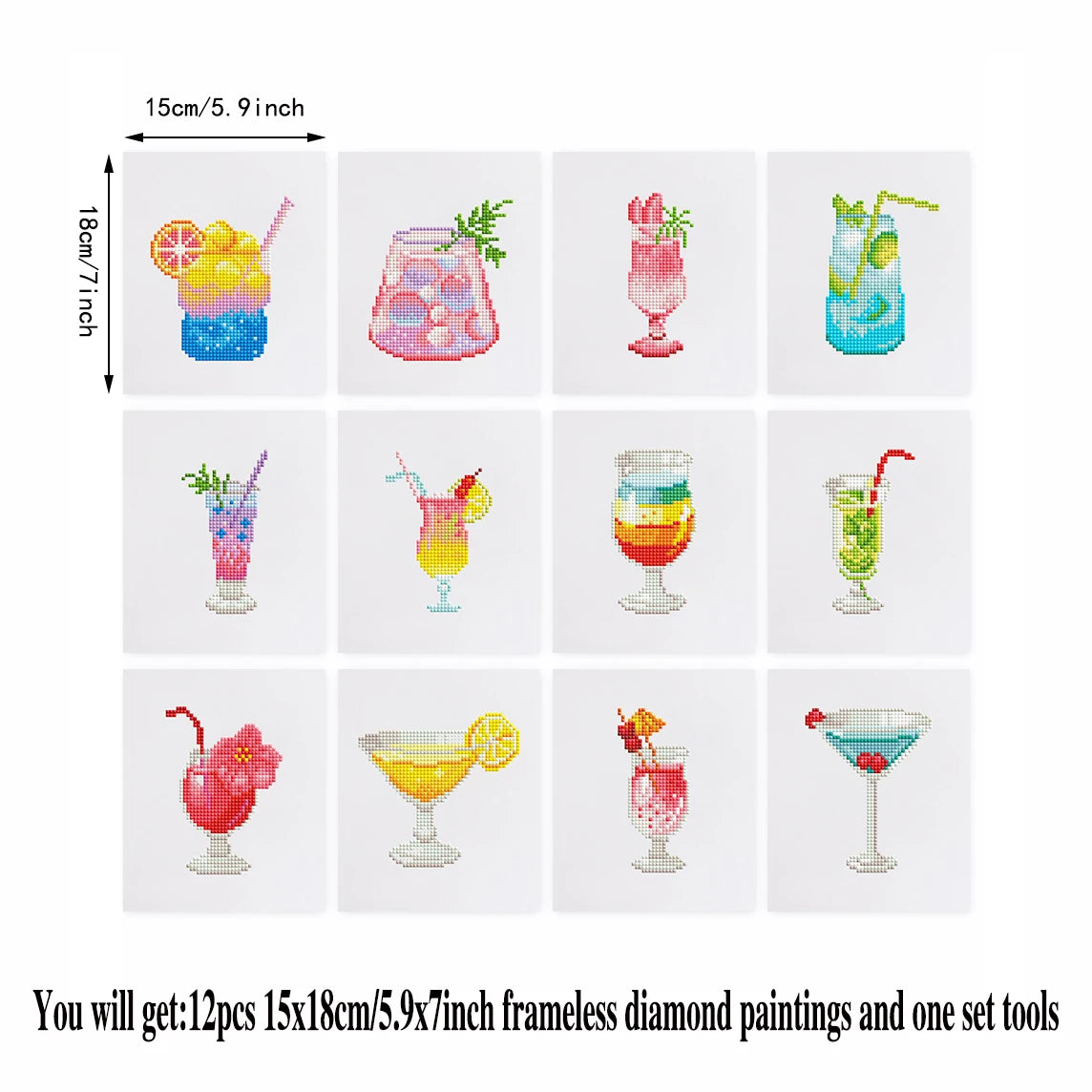 Mini Telas - Conjunto com 12 pcs - Kit Pintura Terapêutica com Diamantes - Pinturinhas Drinks