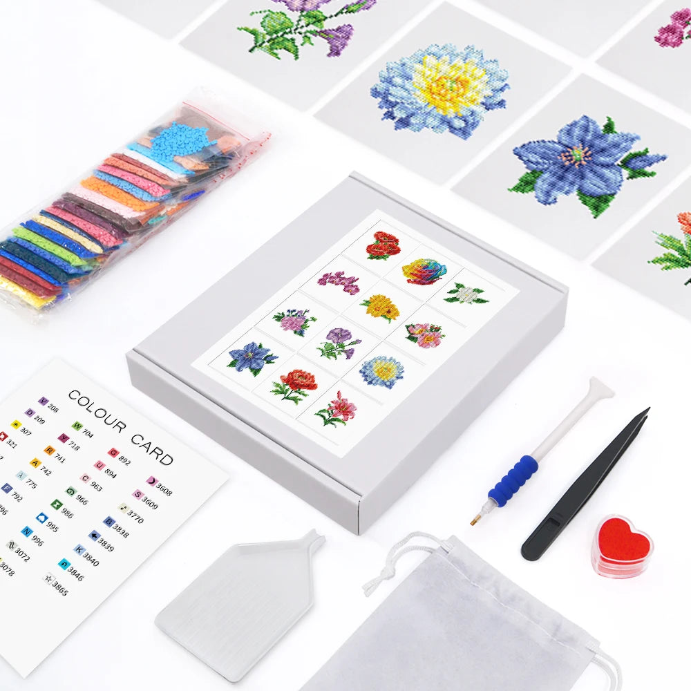Mini Telas - Conjunto com 12 pcs - Kit Pintura Terapêutica com Diamantes - Pinturinhas Flores