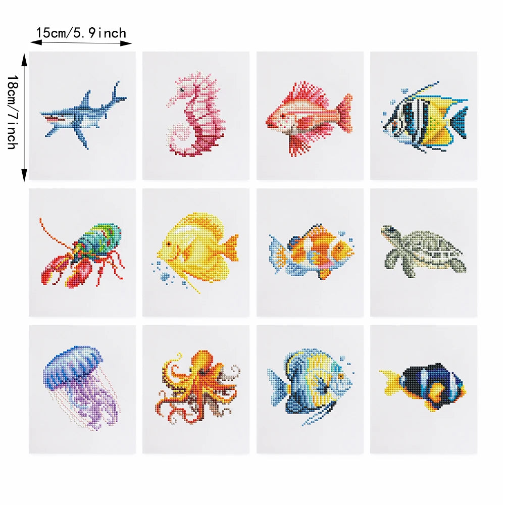Mini Telas - Conjunto com 12 pcs - Kit Pintura Terapêutica com Diamantes - Pinturinhas Animais Marinhos