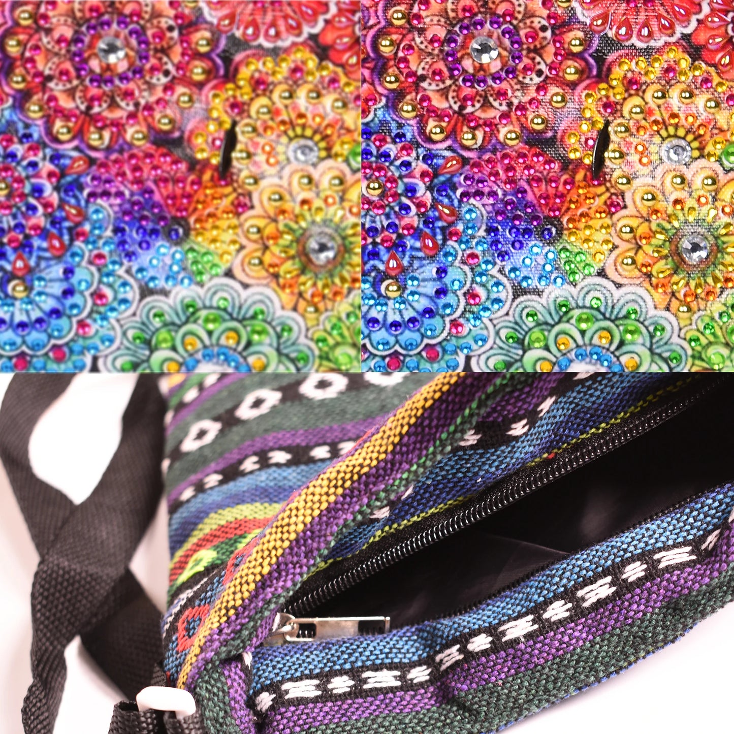 Pintura Terapêutica com Diamantes - Bolsa com Alça - Mandalas Floridas - Tela 100% Preenchida