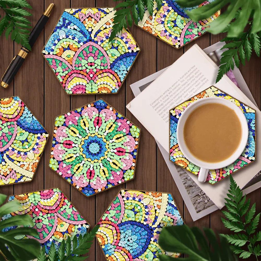 Pintura Terapêutica com Diamantes - Porta Copos Hexagonais (7 Unidades) - Mandala Iluminada
