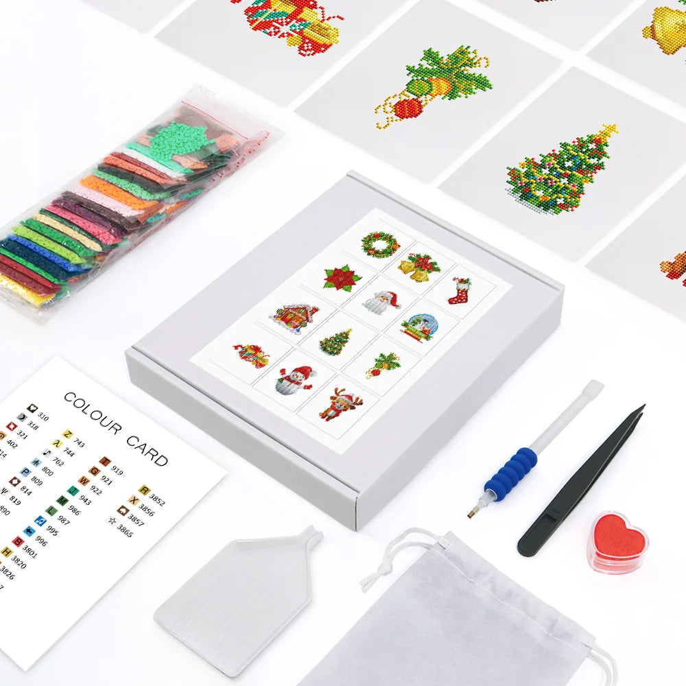 Mini Telas - Conjunto com 12 pcs - Kit Pintura Terapêutica com Diamantes - Pinturinhas Natalina