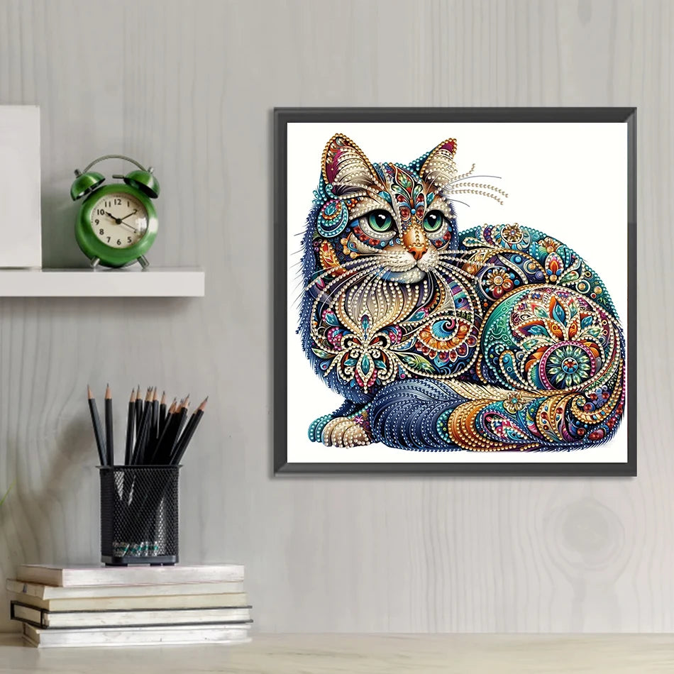 Pintura Terapêutica com Diamantes - Gato - Diamante Especial - Tela 100% Preenchida