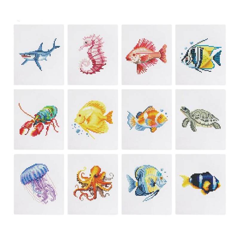 Mini Telas - Conjunto com 12 pcs - Kit Pintura Terapêutica com Diamantes - Pinturinhas Animais Marinhos