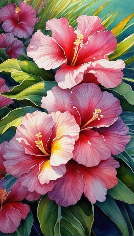 Pintura Terapêutica com Diamantes - Hibiscos - Tela 100% Preenchida