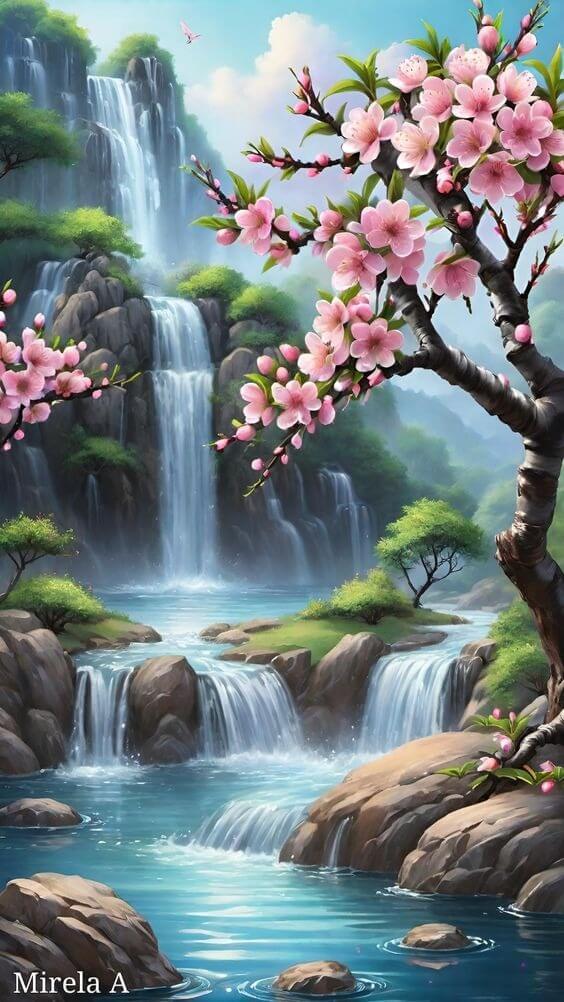 Pintura Terapêutica com Diamantes - Cachoeira com Cerejeira - Tela 100% Preenchida