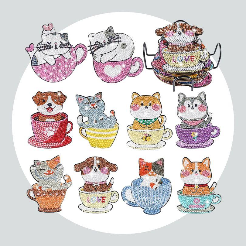 Pintura Terapêutica com Diamantes - Porta Copos (10 Unidades) - Animais na Xícara