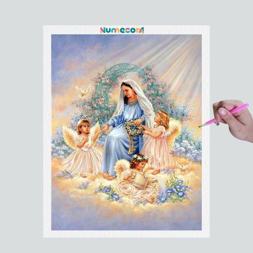 Pintura Terapêutica com Diamantes - Maria e Anjinhos - Tela 100% Preenchida