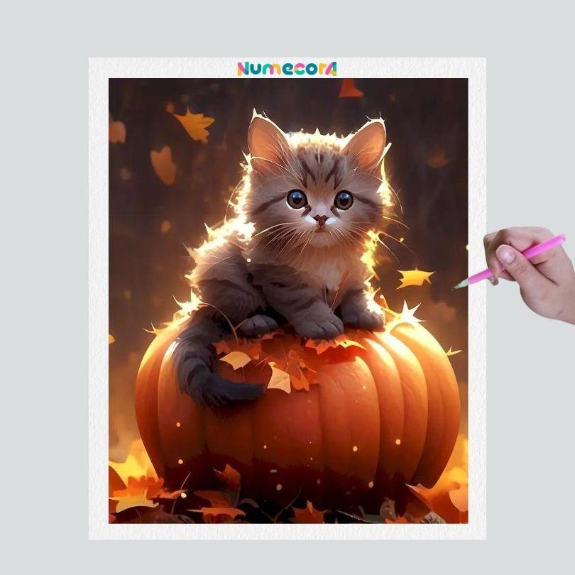 Pintura Terapêutica com Diamantes - Gatinho e Abóbora - Tela 100% Preenchida