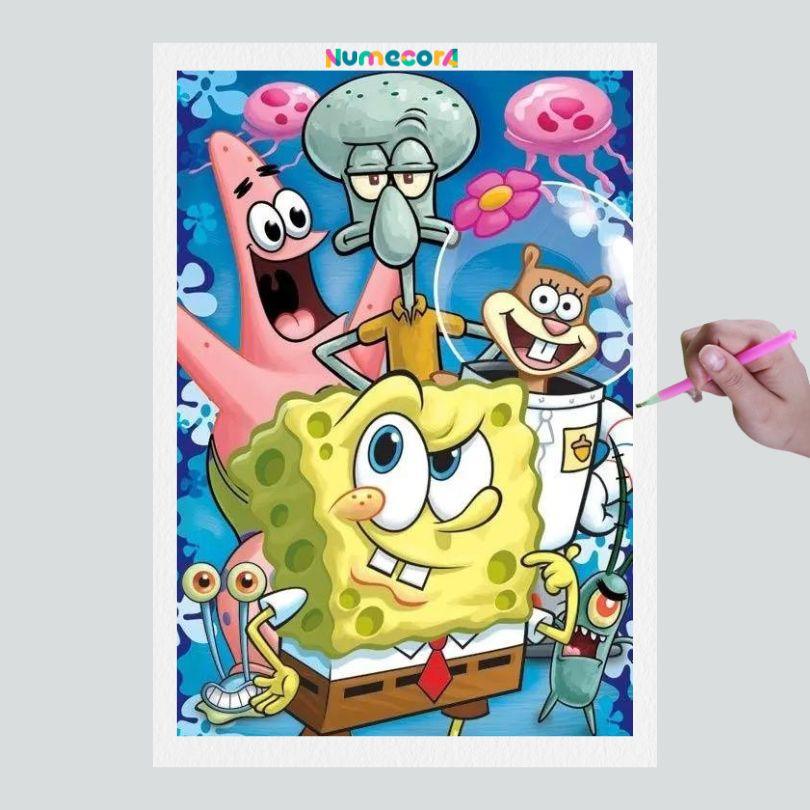Pintura Terapêutica com Diamantes - Turma do Bob Esponja - Tela 100% Preenchida - Diamante Redondo
