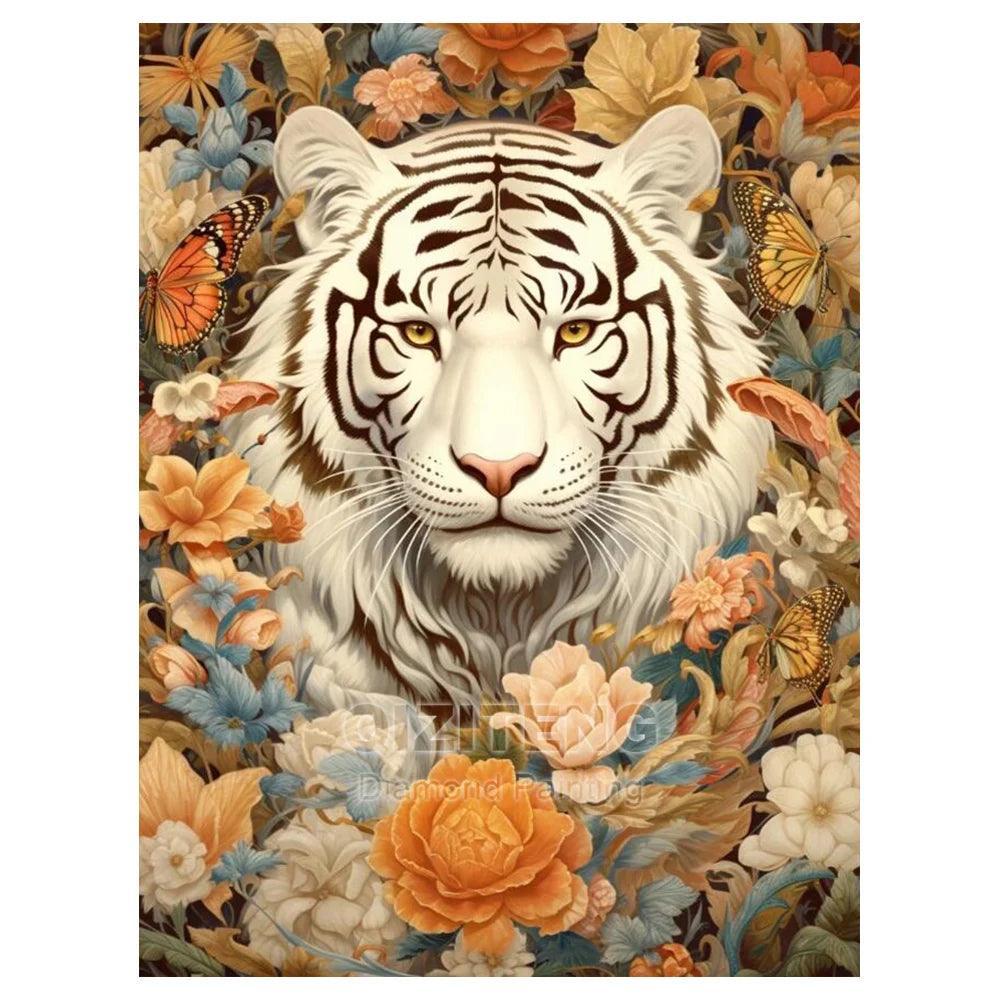Pintura Terapêutica com Diamantes - Tigre Branco - Tela 100% Preenchida