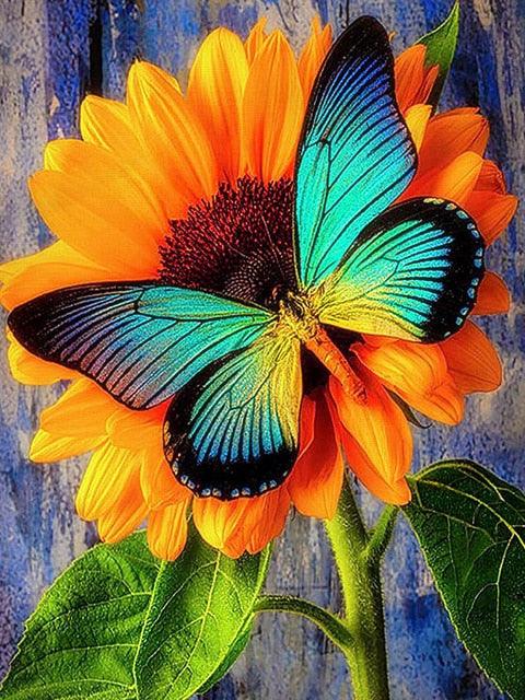 Pintura Terapêutica com Diamantes - Borboleta no Girassol - Tela 100% Preenchida