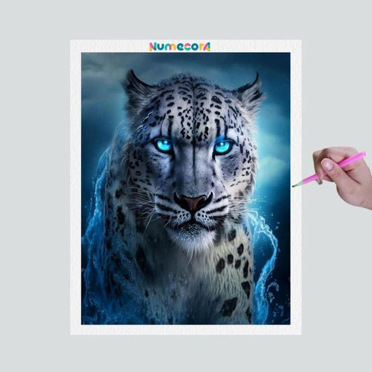 Pintura Terapêutica com Diamantes - Onça de olhos azuis - Tela 100% Preenchida