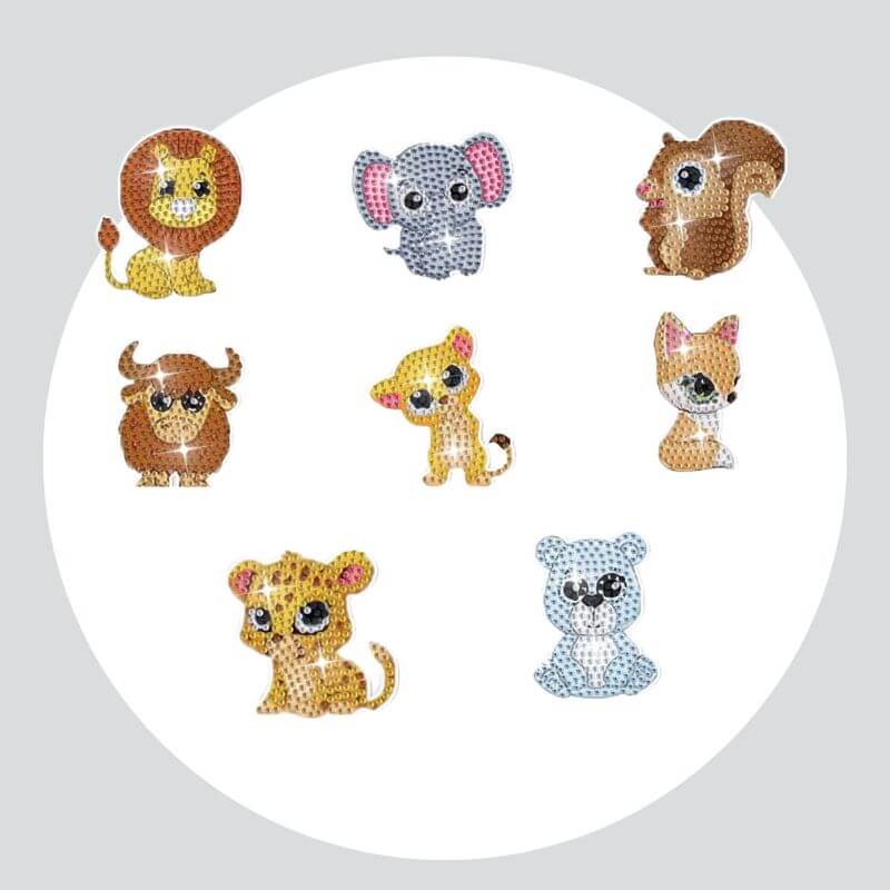 Adesivos Magnéticos ( Ímã de Geladeira) - Kit com 8 - Pintura Terapêutica com Diamantes - Animais da Floresta