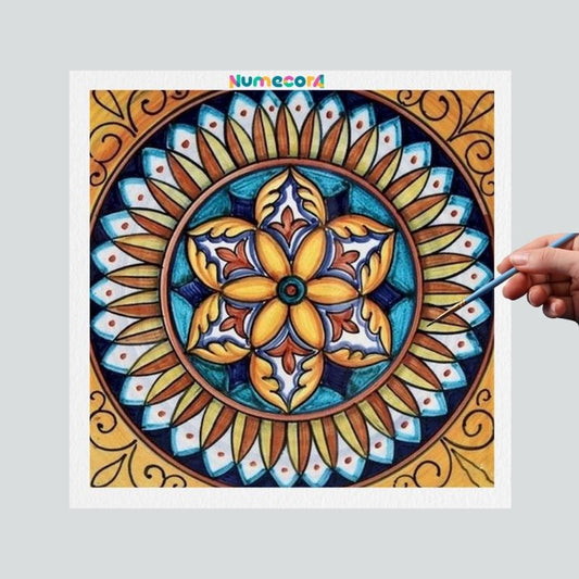 Pintura Terapêutica Numerada - Mandala Amarela e Azul