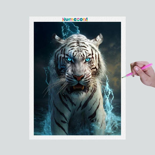 Pintura Terapêutica com Diamantes - Tigre Albino- Tela 100% Preenchida