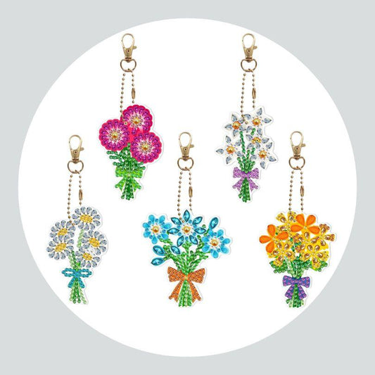 Chaveiros Pintura Terapêutica com Diamantes - Flores - Kit com 5