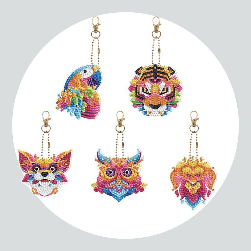 Chaveiros Pintura Terapêutica com Diamantes - Animais Coloridos - Kit com 5