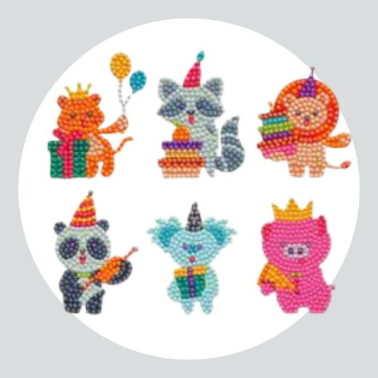 Pintura Terapêutica com Diamantes - Stickers 6Un - Diamante Redondo - Animais Aniversário
