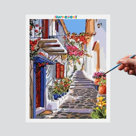 Pintura Terapêutica Numerada - Ruas Floridas de Santorini