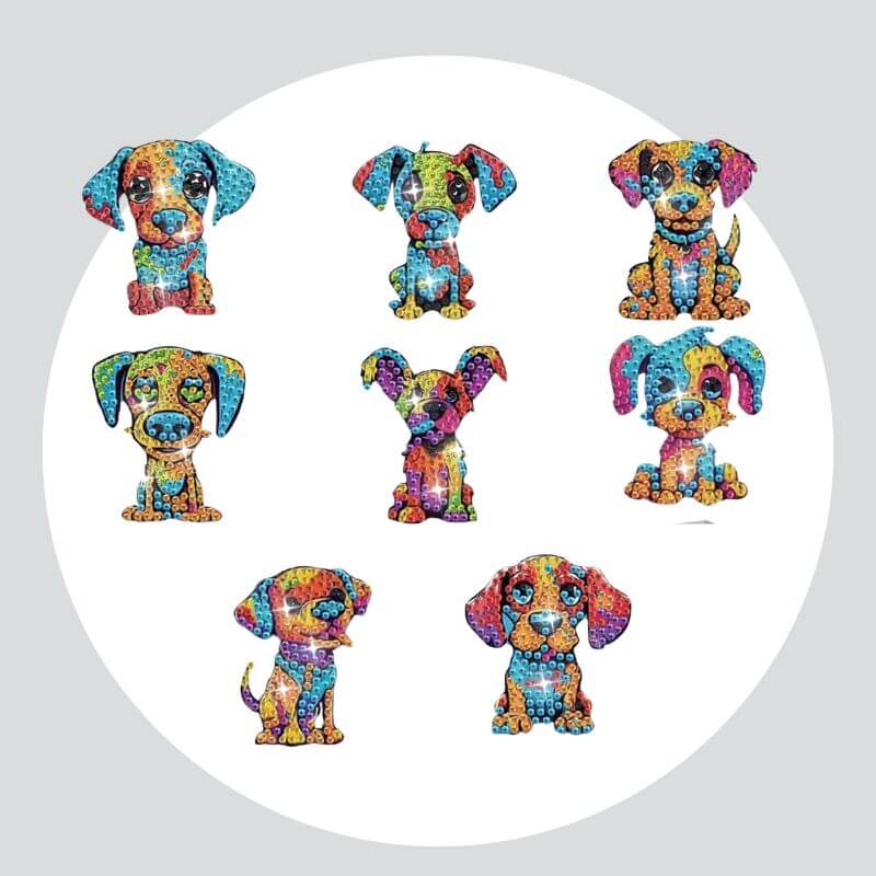 Adesivos Magnéticos ( Ímã de Geladeira) - Kit com 8 - Pintura Terapêutica com Diamantes - Dogs Coloridos