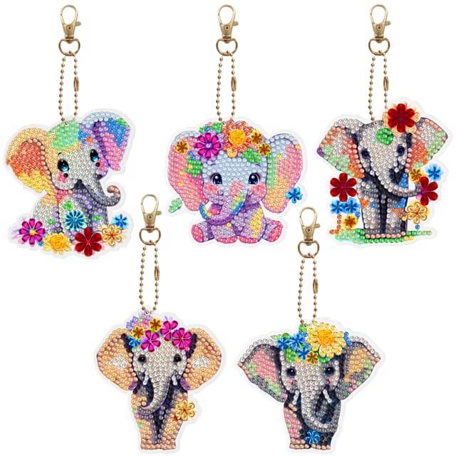 Chaveiros Pintura Terapêutica com Diamantes - Elefantes - Kit com 5