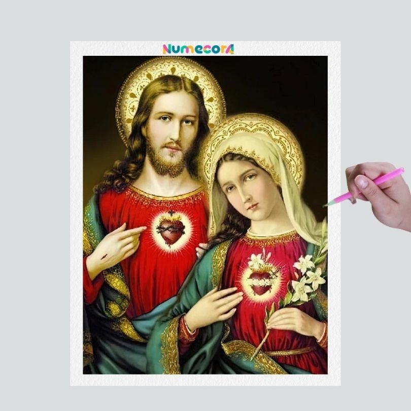 Pintura Terapêutica com Diamantes - Coração de Jesus e Maria - Tela 100% Preenchida