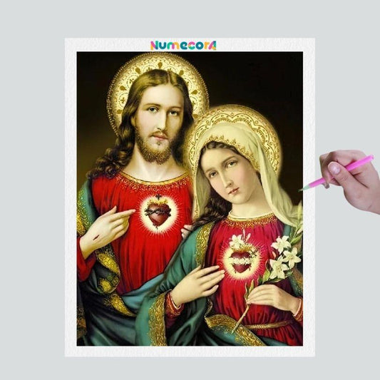 Pintura Terapêutica com Diamantes - Coração de Jesus e Maria - Tela 100% Preenchida